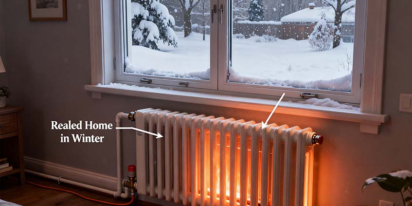 Winter home with closed windows and snow outside, indoor heating system running